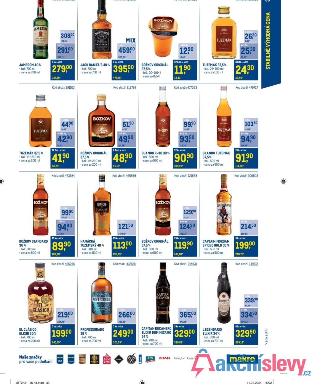 JAMESON BOŽKOV JAMESON 40% • bal.: 700 ml ⚫ cena za 700 ml 1ks 308,00 372,68* 2-5 ks 291,00 352,11* 6 ks A VICE 279,00 337,59* JACK DANIEL'S Jennessee WHISKEY JACK DANIEL'S 40% ⚫bal.: 700 ml cena za 700 ml 1-5 ks MIX 459,00 555,39* 6 ks A VÍCE BOŽKOV ORIGINÁL 395,00 37,5% 477,95* • bal.: 20× 0,041 1-11 BAL 1290 15,61* 12 BAL A VÍCE 11,90 ⚫ cena za 0,04 1 14,40* TUZEMÁK 375% B TUZEMÁK 37,5% bal.: 24× 100 ml ⚫ cena za 100 ml 1-3 BAL 26,30 31,82* 4-7 BAL. 25,30 30,61* 8 BAL. A VÍCE 24,30 29,40* Kód zboží: 291103 Kód zboží: 213724 Kód zboží: 477063 Kód zboží: 479727 TUZEMÁK TUZEMÁK 37,5% ⚫bal: 16x 200 ml cena za 200 ml 1-3 BAL 44,90 54,33 4-11BAL. 42,90 51,91* 12 BAL. AVÍCE 41,90 50,70* BOŽKOV 1-3 BAL ORIGINAL BOŽKOV ORIGINÁL 37,5% • bal.: 14× 200 ml ⚫ cena za 200 ml 51,90 62,80 4-5 BAL 49,90 60,38* 6 BAL.A VÍCE 48,90 59,17* R-30% OLANDO R-30 30% ⚫bal.: 500 ml ⚫ cena za 500 ml 1-5 ks 99,90 120,88 6-11 ks 93,50 113,14* 12 ks AVÍCE 90,90 109,99* TUZEMÁK OLANDO TUZEMÁK 37,5% ⚫ bal.: 500 ml cena za 500 ml 1-5 ks 103,50 125,24* 6-14 ks 94,90 114,83 15 ks AVICE 91,90 111,20* Kód zboží: 473984 Kód zboží: 465899 Kód zboží: 121888 Kód zboží: 200808 BOŽKOV STANDARD BOŽKOV STANDARD 30% ⚫ bal.: 500 ml cena za 500 ml 1-3 ks 99,90 120,88 3-14 ks 94,90 114,83* 15 ks A VÍCE 89,90 108,78* Kód zboží: 465798 HANACHA TUZEMSKY HANÁCKÁ TUZEMSKÝ 40% • bal.: 500 ml ⚫cena za 500 ml 1-14 ks 121,50 147,02* 15 ks A VÍCE 11300 136,73* Kód zboží: 438591 BOŽKOV ORIGINAL BOŽKOV ORIGINÁL 37,5% ⚫ bal.: 500 ml cena za 500 ml 1-2 ks 129,90 157,18 3-14 ks 124,90 151,13* 15ks A VÍCE 119,90 145,08* Kód zboží: 245931 Captain Morga SPICED COL CAPTAIN MORGAN SPICED GOLD 35% bal.: 500 ml ⚫ cena za 500 ml 1-2 ks 214,50 259,55* 3 ks A VÍCE 199,00 240,79* Kód zboží: 249737 EL CLASICO EL CLÁSICO ELIXIR 30% • bal.: 700 ml ет ELIXIR ⚫ cena za 700 ml 1-2 ks 219,00 264,99* 3 KSA VÍCE 199,00 240,79* PROFESSORADO CARIBBEAN PROFESSORADO 38% • bal.: 700 ml ⚫ cena za 700 ml 1-2 ks 266,00 321,86* 3 ks A VÍCE 249,00 301,29* CAPITAN BUCANERO CAPITAN BUCANERO ELIXIR DOMINICANO 34% • bal.: 700 ml 1-2 ks 365,00 441,65* 3 ks AVICE 32900 cena za 700 ml 398,09* Legendario LEGENDARIO ELIXIR 34% ⚫ bal.: 700 ml ⚫ cena za 700 ml 1-2ks 339,90 411,28" 3-5ks 334,90 405,23* 6 ks AVICE 329,90 399,18* Naše značky pro vaše podnikání CBT2421 16-48.indd 33 METRO Chef METRO Fine Life RIOBA aro SIGMA Tarrington House makro *cena s DPH 11.09.2024 15:02 3 STABILNĚ VÝHODNÁ CENA